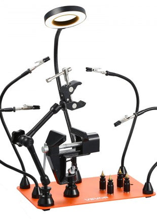 Magnetic Helping Hands Soldering Station, 4 Arms Third Hand Tool, with Vise, 3X LED Magnifying Lamp, 4 PCB Holder & 360 Hot Air Gun Holder, Soldering Helper for Electronic Repair Craft Hobby DIY