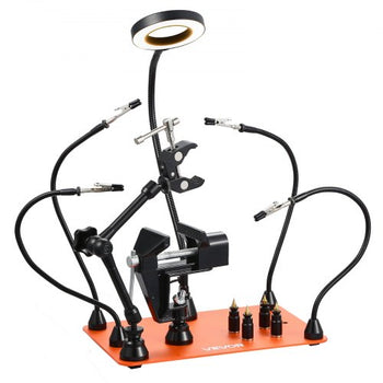 Magnetic Helping Hands Soldering Station, 4 Arms Third Hand Tool, with Vise, 3X LED Magnifying Lamp, 4 PCB Holder & 360 Hot Air Gun Holder, Soldering Helper for Electronic Repair Craft Hobby DIY