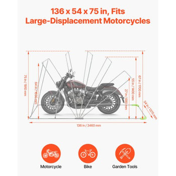 Motorcycle Storage Shelter with Security Lock, 600D Oxford Flip-Up Garage Tent, Heavy-Duty All-Weather Motorcycle Cover with Ventilation Windows, 136x54x75 in Outdoor Vehicle Shelter, Black