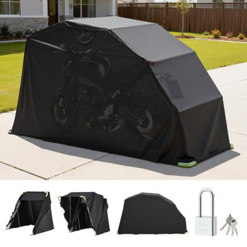 Motorcycle Storage Shelter with Security Lock, 600D Oxford Flip-Up Garage Tent, Heavy-Duty All-Weather Motorcycle Cover with Ventilation Windows, 136x54x75 in Outdoor Vehicle Shelter, Black