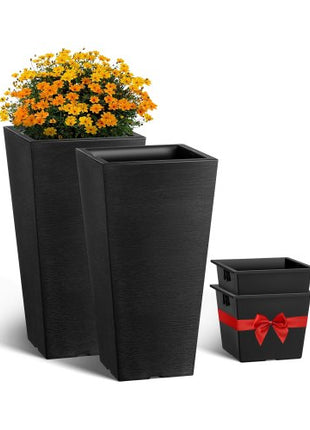 Set of 2 Tall Outdoor Planters 22inch, Large Planters For Outdoor Indoor Plants, Black Tapered Square Front Porch Planters Flower Tree Plant Pots with Modern Design and Built-in Drainage