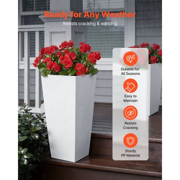 Tall Planters Set of 2, 26 Inch Large Outdoor Taper Planters for Outdoor Indoor Plants, Front Porch Plastic Modern Flower Pots with Casters, Inner Pot & Drainage Holes for Patio, Garden, White