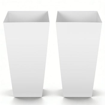 Tall Planters Set of 2, 26 Inch Large Outdoor Taper Planters for Outdoor Indoor Plants, Front Porch Plastic Modern Flower Pots with Casters, Inner Pot & Drainage Holes for Patio, Garden, White