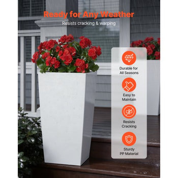 Tall Planters Set of 2, 30 Inch Large Outdoor Taper Planters for Outdoor Indoor Plants, Front Porch Plastic Modern Flower Pots with Casters, Inner Pot & Drainage Holes for Patio, Garden, White