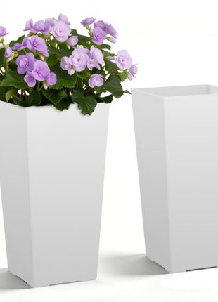 Tall Planters Set of 2, 22 Inch Large Outdoor Taper Planters for Outdoor Indoor Plants, Front Porch Plastic Modern Flower Pots with Casters, Inner Pot & Drainage Holes for Patio, Garden, White