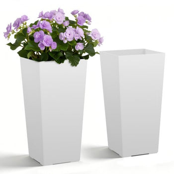 Tall Planters Set of 2, 22 Inch Large Outdoor Taper Planters for Outdoor Indoor Plants, Front Porch Plastic Modern Flower Pots with Casters, Inner Pot & Drainage Holes for Patio, Garden, White