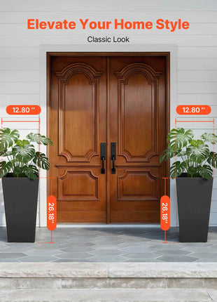 Tall Planters Set of 2, 26 Inch Large Outdoor Taper Planters for Outdoor Indoor Plants, Front Porch Plastic Modern Flower Pots with Casters, Inner Pot & Drainage Holes for Patio, Garden, Black