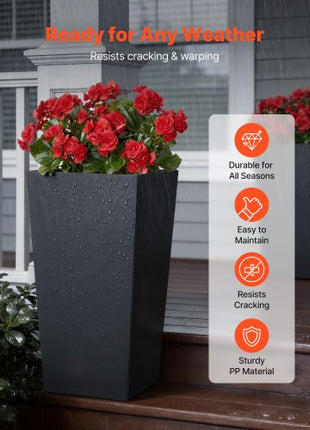 Tall Planters Set of 2, 30 Inch Large Outdoor Taper Planters for Outdoor Indoor Plants, Front Porch Plastic Modern Flower Pots with Casters, Inner Pot & Drainage Holes for Patio, Garden, Black