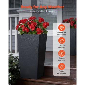 Tall Planters Set of 2, 30 Inch Large Outdoor Taper Planters for Outdoor Indoor Plants, Front Porch Plastic Modern Flower Pots with Casters, Inner Pot & Drainage Holes for Patio, Garden, Black
