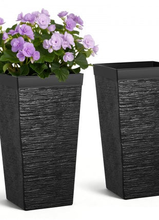 Tall Planters Set of 2, 23 Inch Large Outdoor Taper Planters for Outdoor Indoor Plants, Front Porch Plastic Modern Flower Pots with Casters, Inner Pot & Drainage Holes for Patio, Garden, Black