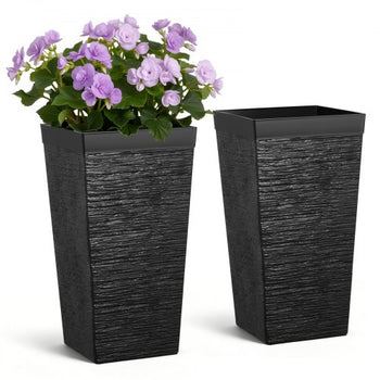 Tall Planters Set of 2, 23 Inch Large Outdoor Taper Planters for Outdoor Indoor Plants, Front Porch Plastic Modern Flower Pots with Casters, Inner Pot & Drainage Holes for Patio, Garden, Black
