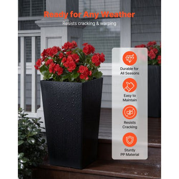 Tall Planters Set of 2, 22 Inch Large Outdoor Taper Planters for Outdoor Indoor Plants, Front Porch Plastic Modern Flower Pots with Casters, Inner Pot & Drainage Holes for Patio, Garden, Black