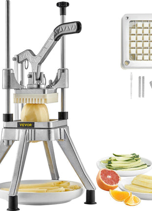 VEVOR stainless steel fruit and vegetable cutter, includes gray gloves and cutting grid, perfect for fries and slices.