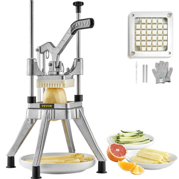 VEVOR stainless steel fruit and vegetable cutter, includes gray gloves and cutting grid, perfect for fries and slices.