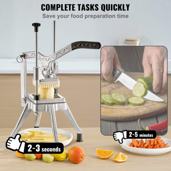 Stainless steel vegetable slicer with black handle, efficiently cuts veggies in 2-3 seconds. Ideal for quick food prep.