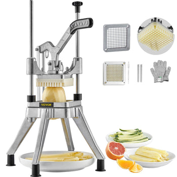 Stainless steel VEVOR French fry cutter with two blades, gloves, and potato slices on a white plate.