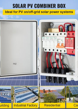 PV Combiner Box, 4 String, Solar Combiner Box with 15A Rated Current Fuse 63A Circuit Breaker Lightning Arrester and Solar Connector, ABS Plastic Case for On / Off Grid Solar Panel System, IP65
