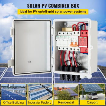 PV Combiner Box, 4 String, Solar Combiner Box with 15A Rated Current Fuse 63A Circuit Breaker Lightning Arrester and Solar Connector, ABS Plastic Case for On / Off Grid Solar Panel System, IP65