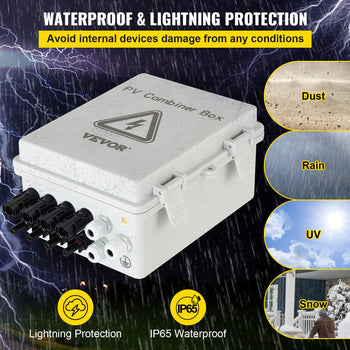 PV Combiner Box, 4 String, Solar Combiner Box with 15A Rated Current Fuse 63A Circuit Breaker Lightning Arrester and Solar Connector, ABS Plastic Case for On / Off Grid Solar Panel System, IP65