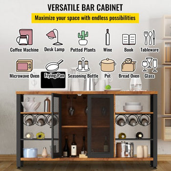 Industrial Bar Cabinet, 55 Inch Rustic Oak, 330 LBS Wine Table for Liquor with Wine Racks (24 Bottles), Glass Holders and Metal Sideboard, Farmhouse Wood Coffee Bar for Living Room, Dining Room