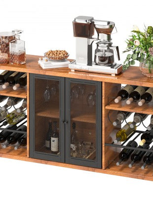 Industrial Bar Cabinet, 55 Inch Rustic Oak, 330 LBS Wine Table for Liquor with Wine Racks (24 Bottles), Glass Holders and Metal Sideboard, Farmhouse Wood Coffee Bar for Living Room, Dining Room
