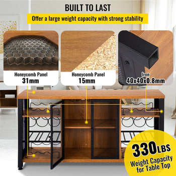 Industrial Bar Cabinet, 55 Inch Rustic Oak, 330 LBS  Table for  with  Racks (24 Bottles), Glass Holders and Metal Sideboard, Farmhouse Wood Coffee Bar for Living Room, Dining Room
