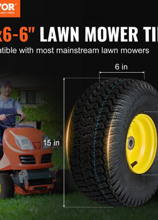 Lawn Mower Tires with Rim, 15x6-6" Tubeless Tractor Tires, 2-Pack Tire and Wheel Assembly, S-Turf Pneumatic Tires, 3" Offset Hub, 3/4" Bushing Size, 16 PCS Adapters for Riding Mower Lawn Tractor