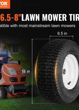 Lawn Mower Tires with Rim, 16x6.5-8" Tubeless Tractor Tires, 2-Pack Tire and Wheel Assembly, Turf Pneumatic Tires, 3" Offset Hub, 3/4" Bushing Size, 16 PCS Adapters for Riding Mower Lawn Tractor