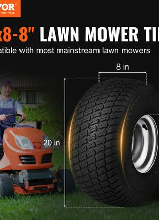 Lawn Mower Tires with Rim, 20x8-8" Tubeless Tractor Tires, 2-Pack Tire and Wheel Assembly, S-Turf Pneumatic Tires with 3.5" Offset Hub and 3/4" Bushing Size, for Riding Mowers Lawn Tractors