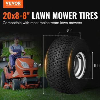 Lawn Mower Tires with Rim, 20x8-8" Tubeless Tractor Tires, 2-Pack Tire and Wheel Assembly, S-Turf Pneumatic Tires with 3.5" Offset Hub and 3/4" Bushing Size, for Riding Mowers Lawn Tractors