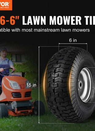 Lawn Mower Tires, 15x6-6" Lawn Tractor Tires, 2-Pack Tire and Wheel Assemblies, Turf Pneumatic Tires with 3" Centered Hub and 3/4" Bushing Size, 16 PCS Adapters for Riding Mowers Lawn Tractors