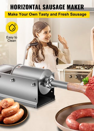 Manual Sausage Stuffer, 3 L / 7 LBS Horizontal Sausage Machine, Dual-Speed Meat Stuffer, Made of Food-Grade 304 Stainless Steel, Includes 5 Stuffing Tubes, for Home Kitchen Restaurant Commercial