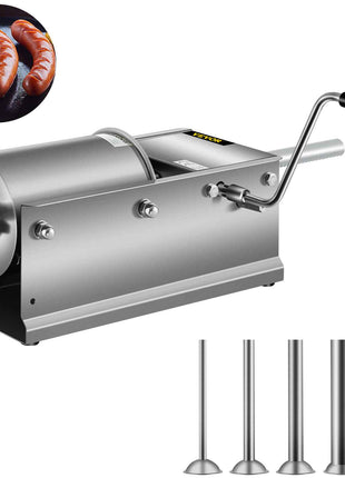 Manual Sausage Stuffer, 3 L / 7 LBS Horizontal Sausage Machine, Dual-Speed Meat Stuffer, Made of Food-Grade 304 Stainless Steel, Includes 5 Stuffing Tubes, for Home Kitchen Restaurant Commercial
