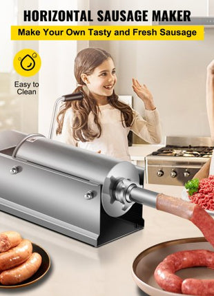 Manual Sausage Stuffer, 5 L / 11 LBS Horizontal Sausage Machine, Dual-Speed Meat Stuffer, Made of Food-Grade 304 Stainless Steel, Includes 5 Stuffing Tubes, for Home Kitchen Restaurant Commercia