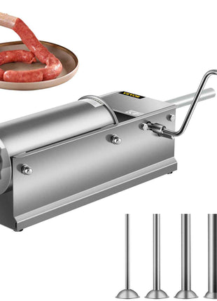 Manual Sausage Stuffer, 5 L / 11 LBS Horizontal Sausage Machine, Dual-Speed Meat Stuffer, Made of Food-Grade 304 Stainless Steel, Includes 5 Stuffing Tubes, for Home Kitchen Restaurant Commercia