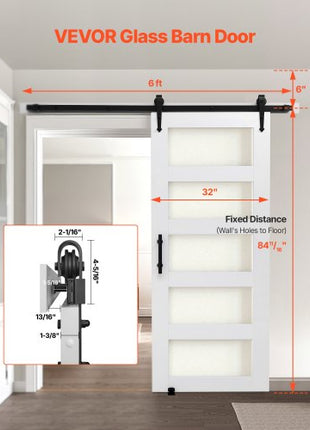 Sliding Barn Door, 32 x 84 inch, High-Strength MDF Panel and Glass, Barn Door with Hardware Kit, Water-Proof PVC Surface, Easy to Install, H-Frame, Smoothly and Quietly Sliding for Living Room