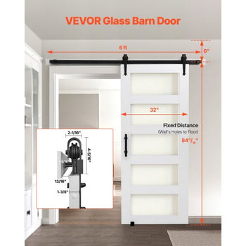 Sliding Barn Door, 32 x 84 inch, High-Strength MDF Panel and Glass, Barn Door with Hardware Kit, Water-Proof PVC Surface, Easy to Install, H-Frame, Smoothly and Quietly Sliding for Living Room