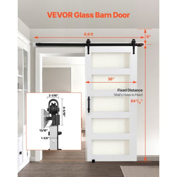 Sliding Barn Door, 36 x 84 inch, High-Strength MDF Panel and Glass, Barn Door with Hardware Kit, Water-Proof PVC Surface, Easy to Install, H-Frame, Smoothly and Quietly Sliding for Living Room