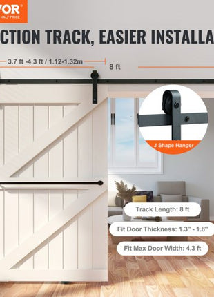 8FT Sliding Barn Door Hardware Kit, 330LBS Loading Heavy Duty Barn Door Track Kit for Single Door, Fit 3.7-4.3FT Wide and 1.3"-1.8" Thick Door Panel, with Smooth & Silent Pulley (J Shape)