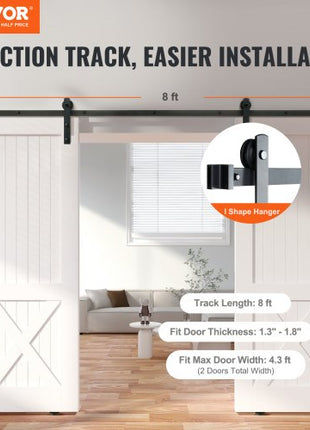 8FT Sliding Barn Door Hardware Kit, 330LBS Heavy Duty Barn Door Track Kit for Double Doors, Fit 3.7-4.3FT Total Wide and 1.3"-1.8" Thick 2 Door Panel, with Smooth & Silent Pulley (I Shape)