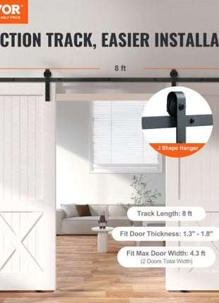 8FT Sliding Barn Door Hardware Kit, 330LBS Heavy Duty Barn Door Track Kit for Double Doors, Fit 3.7-4.3FT Total Wide and 1.3"-1.8" Thick 2 Door Panel, with Smooth & Silent Pulley (J Shape)
