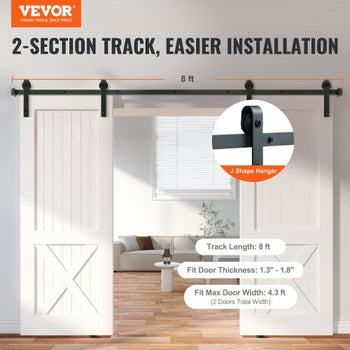 8FT Sliding Barn Door Hardware Kit, 330LBS Heavy Duty Barn Door Track Kit for Double Doors, Fit 3.7-4.3FT Total Wide and 1.3"-1.8" Thick 2 Door Panel, with Smooth & Silent Pulley (J Shape)