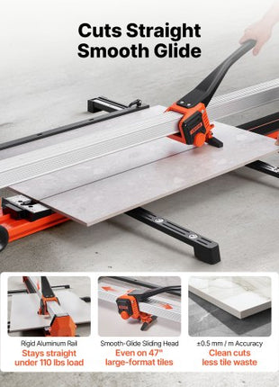 47.2-Inch Manual Tile Cutter, Upgraded Rail and Sliding Head, Precision Alignment Guide, Tungsten Carbide Cutting Wheel, Support Legs with Swivel Wheels, for DIY Pros, Ceramic, Floor, Wall Tiles