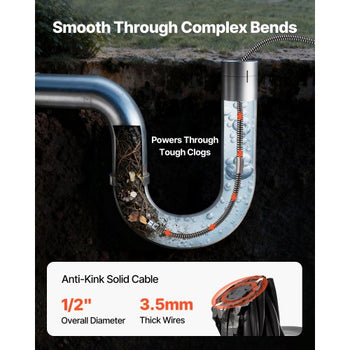 Drain Cleaning Cable 100 Feet x 1/2 Inch Solid Core Cable Sewer Cable Drain Auger Cable Cleaner Snake Clog Pipe Drain Cleaning Cable Sewer Drain Auger Snake Pipe