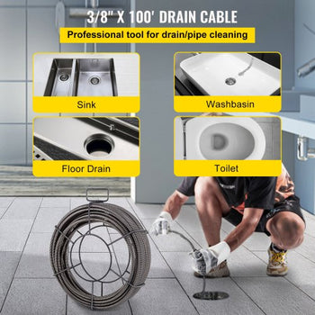 Drain Cleaning Cable 100 FT x 3/8 Inch, Solid Core Steel Sewer Cable with 4 Cutter for 2" to 4" Pipes, Sewer Auger Cleaner Cable for Sink, Floor Drain, Toilet
