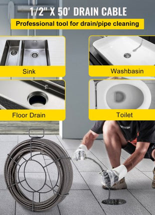 Drain Cleaning Cable 50 Feet x 1/2 Inch Solid Core Cable Sewer Cable Drain Auger Cable Cleaner Snake Clog Pipe Drain Cleaning Cable Sewer Drain Auger Snake Pipe