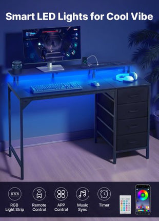 47" Computer Desk with LED Lights & Power Outlets, Gaming Table with 4 Large Drawers, Office Desk with Monitor Stand, Study Work Home Office, Small Spaces, Black