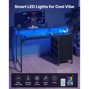47" Computer Desk with LED Lights & Power Outlets, Gaming Table with 4 Large Drawers, Office Desk with Monitor Stand, Study Work Home Office, Small Spaces, Black
