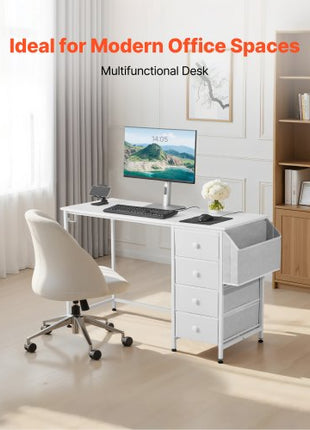 Computer Desk with Fabric Drawers, 47 Inch Reversible Study Work Writing Desk for Modern Home Office Bedroom, Simple Modern Cute PC Table Metal Frame Business Furniture, White