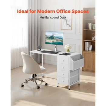 Computer Desk with Fabric Drawers, 47 Inch Reversible Study Work Writing Desk for Modern Home Office Bedroom, Simple Modern Cute PC Table Metal Frame Business Furniture, White